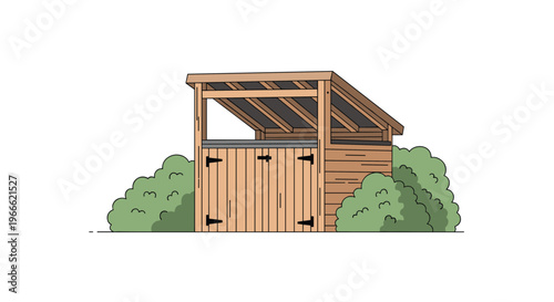 Simple wooden garden shed or storage building with a slanted roof and double doors surrounded by green bushes.