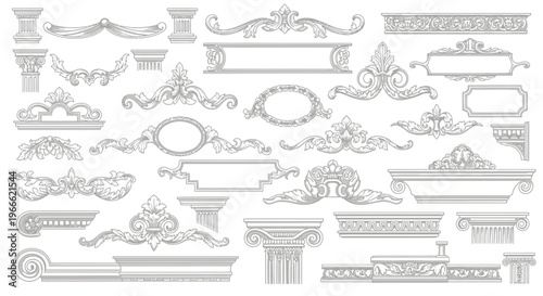 Collection of intricate ornamental borders, cartouches, and architectural elements, featuring detailed filigree and classical motifs