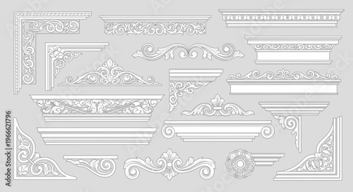 Elegant white decorative architectural elements and ornaments set for interior and exterior design projects