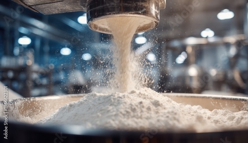 White powder falling from a machine into a large metal container
