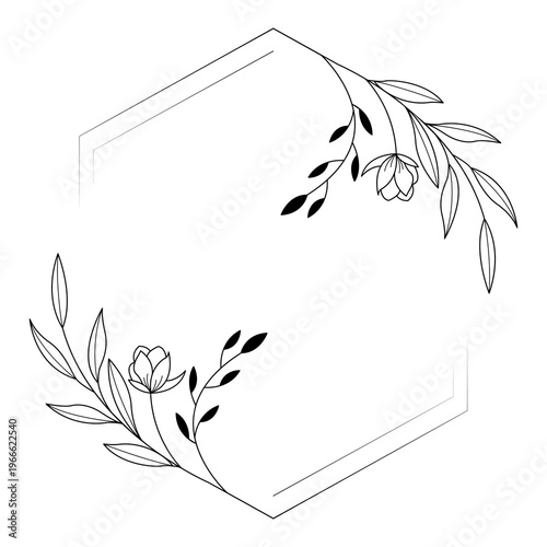 Floral polygon hand drawn style. Floral black and white frames of twigs, leaves and flowers. Frames for Valentine’s Day, wedding decor, logo and identity template.