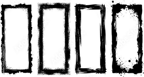 Grunge overlay frames, textured stamps with brush stroke effect. Vector template with rough edges. High-contrast grunge brush borders with distressed edges. Ideal as texture overlays. Transparent EPS.