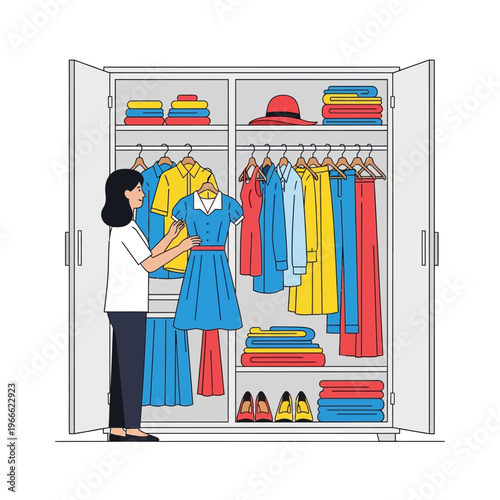 Woman Choosing Outfit from Organized Wardrobe with Clothes and Accessories
