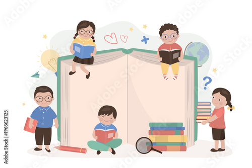 Various kids students with books and reading. Education, knowledge, learning process. Back to school. Schoolboys and schoolgirls, group of classmates next giant opened book.
