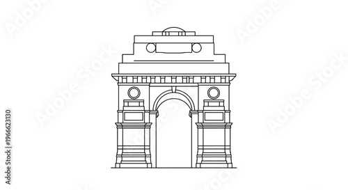 Detailed line art illustration of the historic India Gate monument in New Delhi representing Indian national heritage.