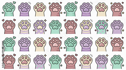 Cute hand drawn pastel cat paw print pattern with hearts and stars on white background, concept for pet shop branding, nursery wallpaper and animal greeting cards
