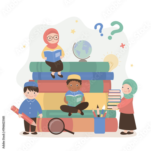 Arabic kids students sitting next stack of books. Education process. Knowledges, learning process, kids students. School subjects. Muslim schoolboys and schoolgirls, classmates