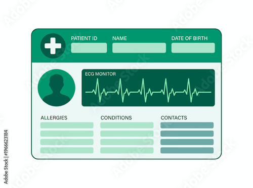 digital patient id card interface with ecg heart rate monitor and medical profile details, concept for healthcare technology, emergency records and hospital data management