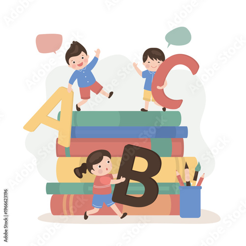 Various kids students with giant letters abc. Education, knowledge, learning process, kids students with books. School subjects, workbooks. Schoolboys and schoolgirls.