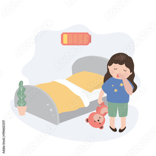 Cute little girl feel sleepy and want to sleep. Kid with toy standing near bed. Tired child with low energy, empty battery. Exhausted kid, toddler asleep standing, bedtime.