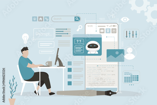 Smart programmer with robot in workspace. Chat bot or neural network helping in programming, playful atmosphere, vibe coding. Technology and innovation in a creative setting