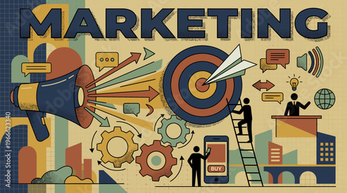 Vibrant marketing strategy illustration featuring megaphone target bullseye gears and office manager people in city background, concept for digital promotion, business growth and advertising