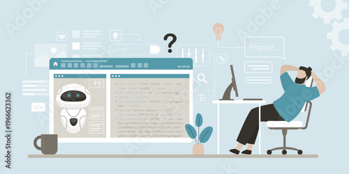 Happy programmer relaxing at workspace. Chat bot or neural network helping in programming, playful atmosphere, vibe coding. Technology and innovation in a creative setting.