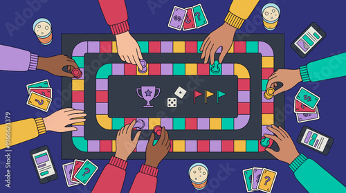 Multiethnic marketing managers hands moving pieces on colorful board game with cards and dice, concept for office team building, business competition and corporate gamification