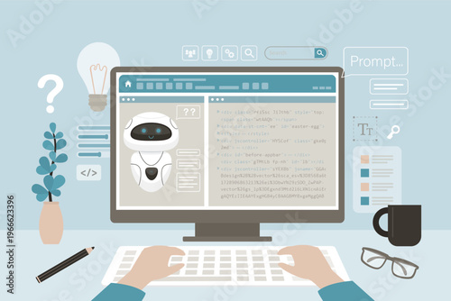 Smart programmer with chat bot at workspace. AI neural network helping in programming, playful atmosphere, vibe coding. Technology and innovation in a creative setting