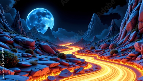 Luminous Molten Metal River Alien Moonlit Landscape