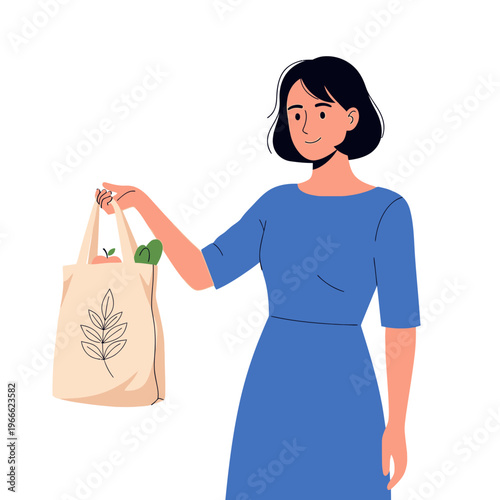Woman Holding Reusable Shopping Bag with Groceries, Eco-Friendly Lifestyle