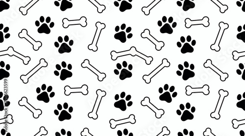 Seamless pattern of black dog paw prints and white bones with black outlines on plain background, concept for pet shop branding, animal care backdrop and textile design