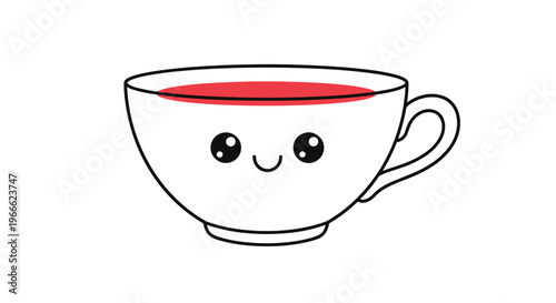 Cute kawaii tea cup with a happy smiling face and red tea liquid inside isolated on a clean white background for kids design.