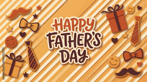 Happy Father's Day typography banner with mustache necktie gift boxes and bowtie on yellow striped background, concept for greeting card design social media poster and marketing campaign