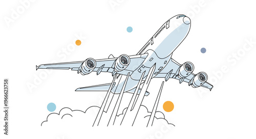 Detailed line art drawing of a large commercial airplane flying high above stylized clouds with colorful circles in the sky.