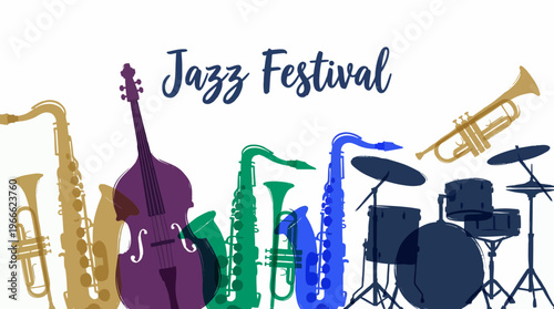 Vibrant artistic silhouettes of saxophone trumpet bass and drums with jazz festival calligraphy on white background, concept for music event promotion, live concert and entertainment gala