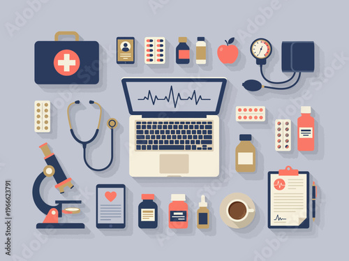 Flat lay medical equipment with laptop, microscope, stethoscope, pills, apple, coffee and first aid kit, concept for online doctor consultation, healthcare technology and medical research