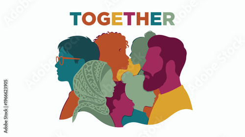 colorful silhouettes of diverse team members and managers with together typography, concept for social inclusion, human resources and corporate culture