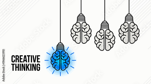 Creative thinking typography with blue brain lightbulb glowing among others on white background, concept for business innovation, marketing strategy and brainstorming session
