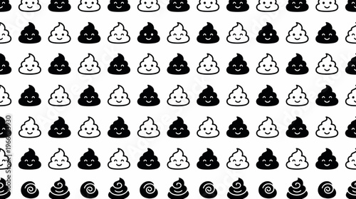 Seamless pattern of cute black and white smiling poop icons with swirls on a plain background, concept for graphic design, funny wallpapers and creative mobile backgrounds