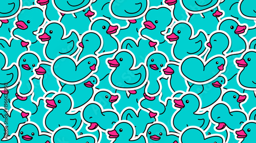 Seamless pattern of cute turquoise rubber duck stickers with pink beaks on teal background, concept for bathroom wallpaper, nursery textile design and decorative gift wrapping paper