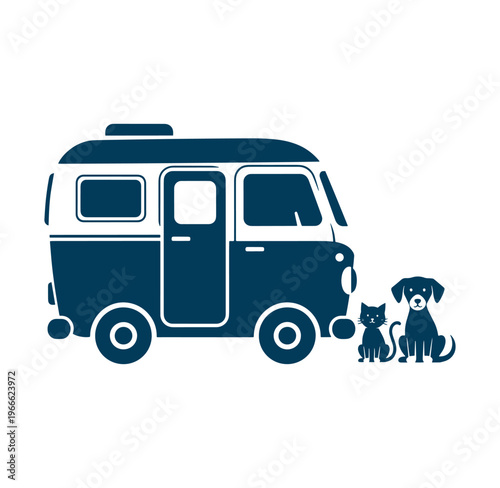 blue camper van with dog and cat sitting next to it on white background