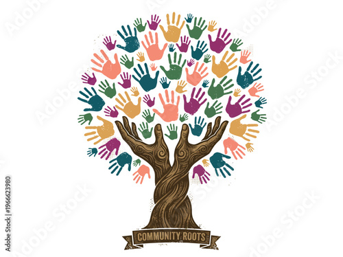 Artistic illustration of a tree with a twisted wooden hand trunk and colorful handprint leaves on white background, concept for community support, social diversity and charity growth
