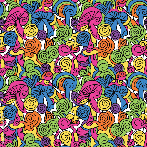 Vibrant seamless pattern featuring playful swirling shapes in bright colors, designed in a bold flat illustration style with a lively and energetic mood.