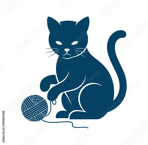 blue cat playing with a ball of yarn on white background