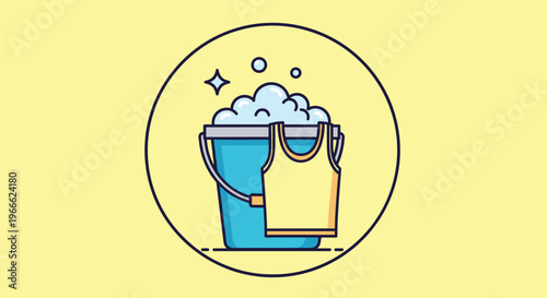 Blue cleaning bucket filled with soapy foam bubbles and a yellow tank top shirt hanging on the side in a circular frame.