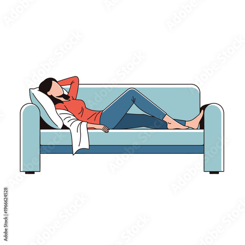 Woman resting on light blue couch, relaxed pose, comfortable home leisure, illustration