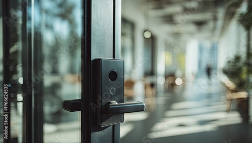 Modern electronic door lock and handle on glass office entry