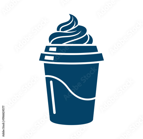 Blue disposable coffee cup with whipped cream on top isolated on white background