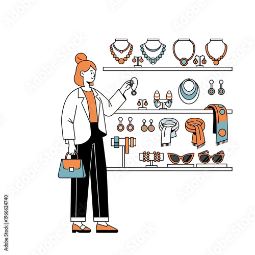 Woman Shopping for Jewelry and Accessories in Boutique Display