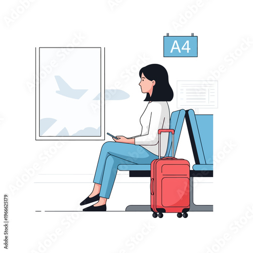 Woman waiting at airport gate with luggage, checking phone, airplane visible outside window