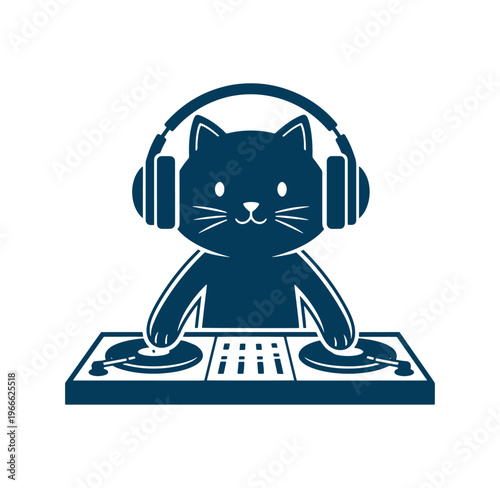 Cat wearing headphones and operating a DJ mixer console  music and entertainment concept
