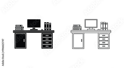 Office Workstation Desks with Computers and Storage Vector