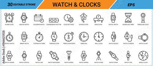 Watch and clocks icon set featuring various timekeeping devices and components