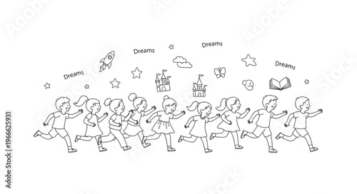 Childrens drawing of a group of happy kids playing and jumping.