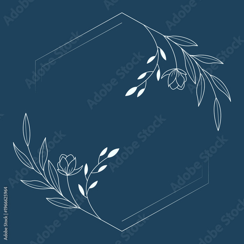 Floral polygon hand drawn style. Floral navy frame of twigs, leaves and flowers. Frames for Valentine’s Day, wedding decor, logo and identity template.