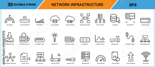 Network infrastructure and data technology icons with line style editable stroke