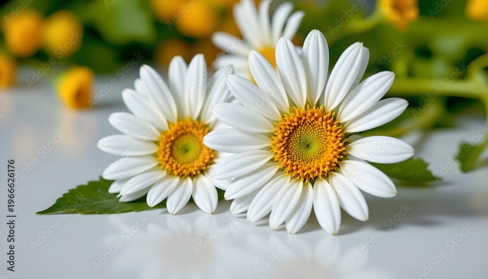 Fototapeta premium Vibrant Daisy Blossom with Green Leaf Reflective Surface