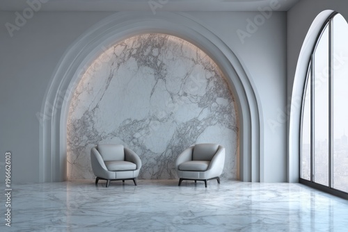 Two modern armchairs are placed in a minimalist interior with marble.