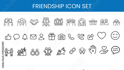 Friendship icon set line style collection for social connection support love and relationship